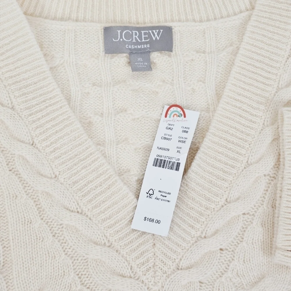New! J. Crew Cashmere Cropped Cable Knit V-neck Sweater XL